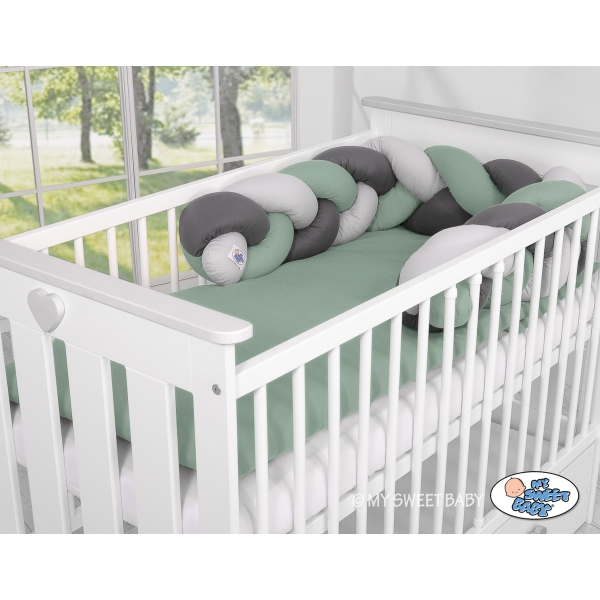 My Sweet Baby Gevlochten Bedbumper voor Babybed 180 cm Grijs Pastelgroen Antraciet