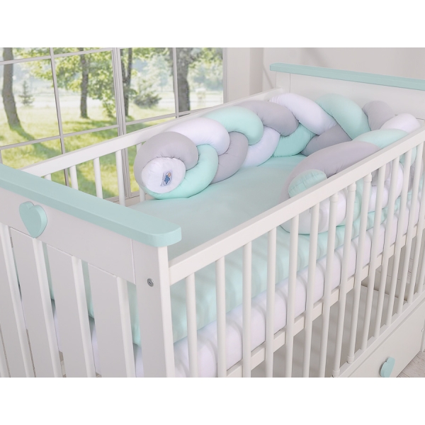 My Sweet Baby Gevlochten Bedbumper voor Babybed 180 cm Mint Wit Grijs