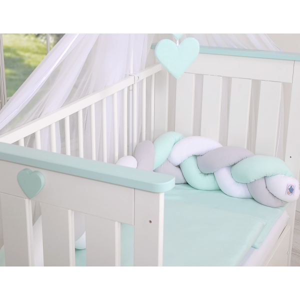 My Sweet Baby Gevlochten Bedbumper voor Babybed 180 cm Mint Wit Grijs