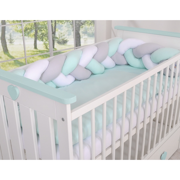 My Sweet Baby Gevlochten Bedbumper voor Babybed 180 cm Mint Wit Grijs