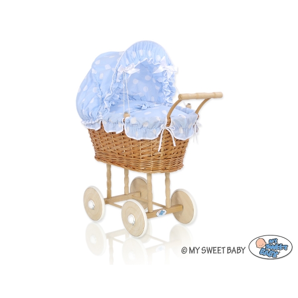 Natuurlijke Poppenwagen van Riet Blauw Polkaprikker