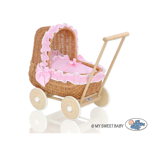 Natuurlijke Poppenwagen van Riet Roze Wit Polkaprikker