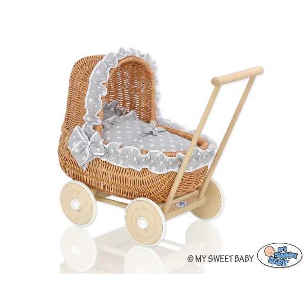 Natuurlijke Poppenwagen van Riet Wit Grijs Polkaprikker