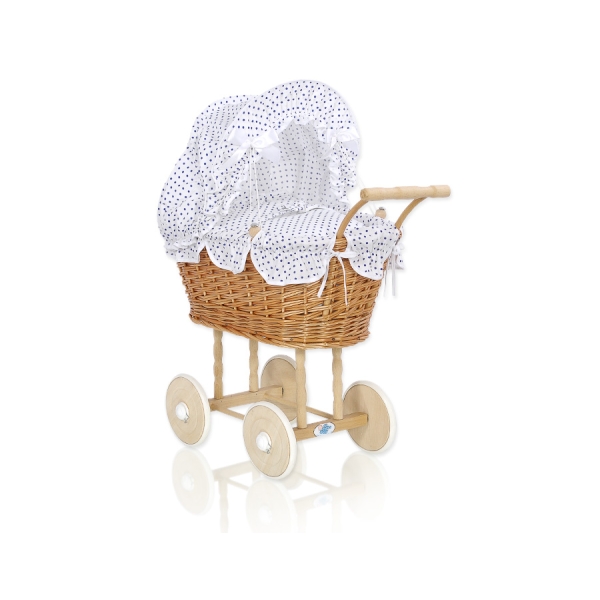 Natuurlijke Poppenwagen van Riet Wit Marineblauw Polkaprikker