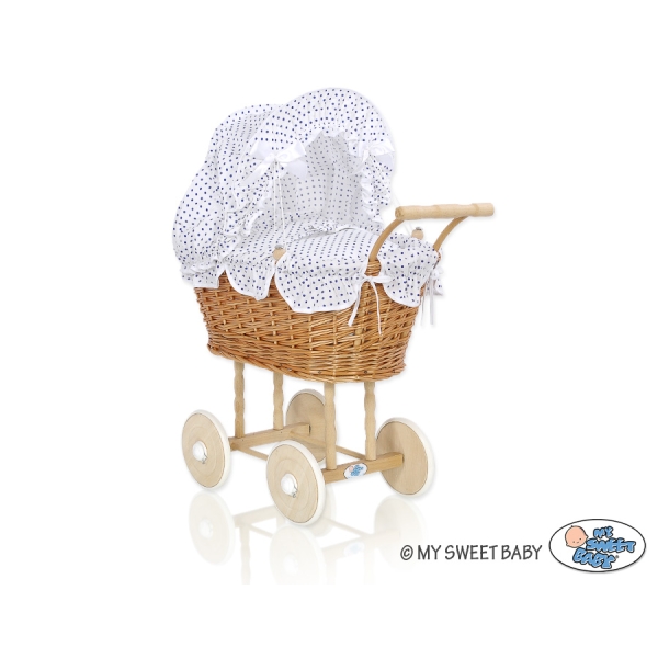 Natuurlijke Poppenwagen van Riet Wit Marineblauw Polkaprikker