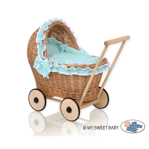 Natuurlijke Rieten Poppenwagen Mint Polkaprikker