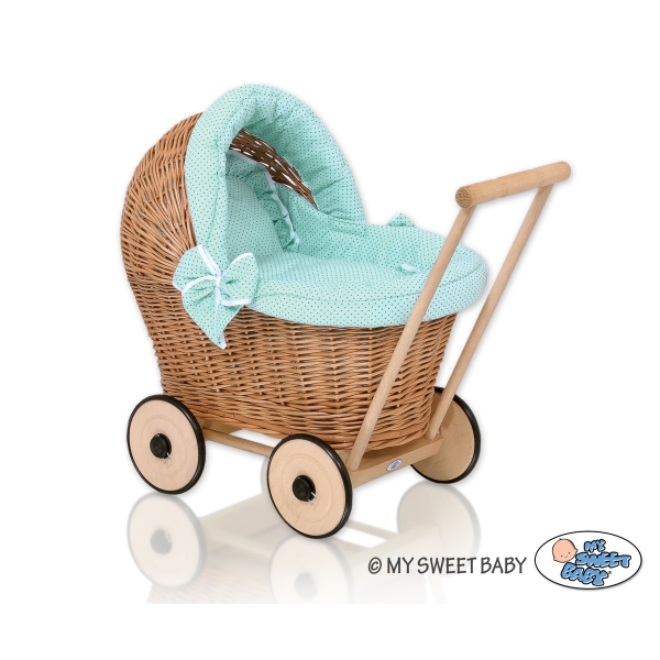 Natuurlijke Rieten Poppenwagen Mint Polkaprikker