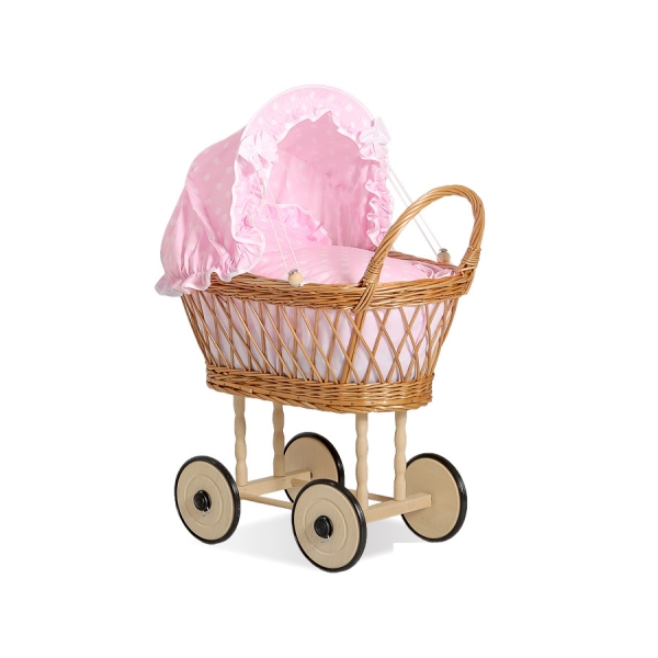 Natuurlijke Rieten Poppenwagen Roze