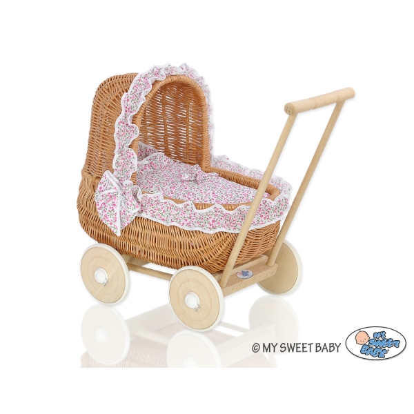 Natuurlijke Rieten Poppenwagen Roze Bloemenweide Bloemen