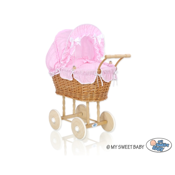 Natuurlijke Rieten Poppenwagen Roze Wit Polkaprikker