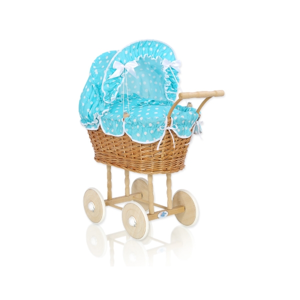 Natuurlijke Rieten Poppenwagen Turkoois Polkaprikker