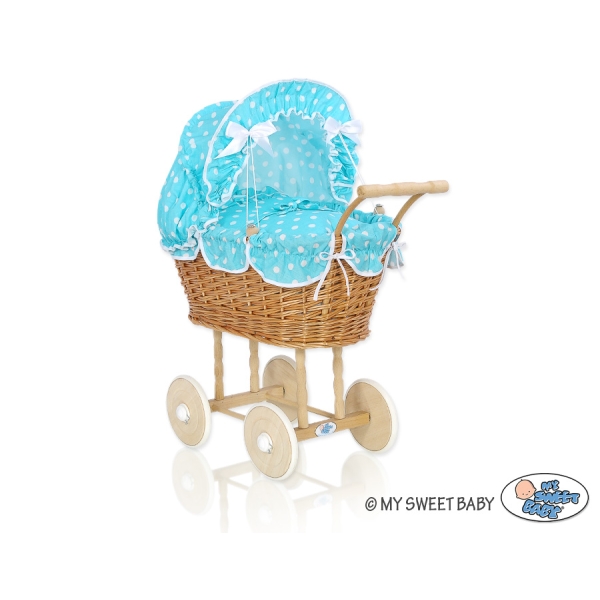 Natuurlijke Rieten Poppenwagen Turkoois Polkaprikker