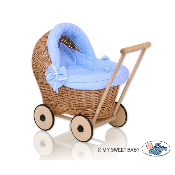 Natuurlijke Rieten Poppenwagen Wit Blauw Polkaprikker