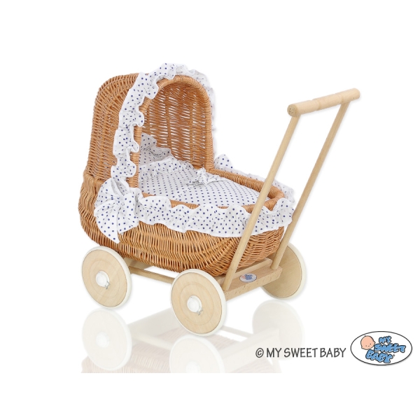 Natuurlijke Rieten Poppenwagen Wit Marineblauw Polkaprikker