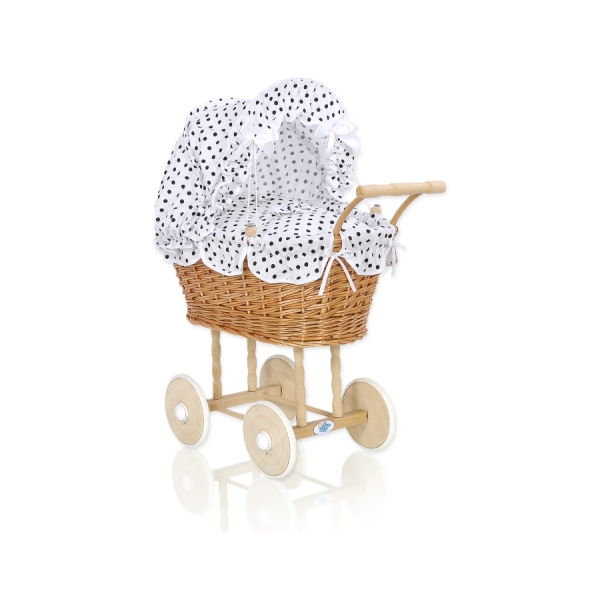 Natuurlijke Rieten Poppenwagen Wit Zwart Polkaprikker