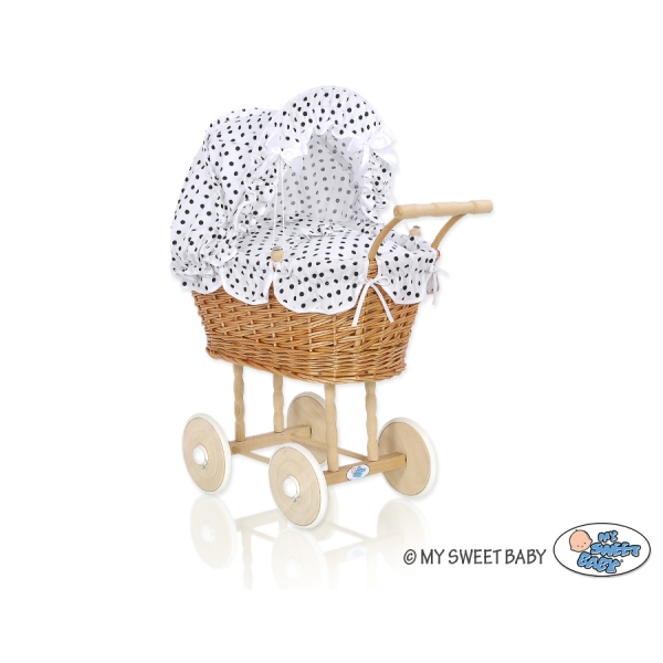 Natuurlijke Rieten Poppenwagen Wit Zwart Polkaprikker