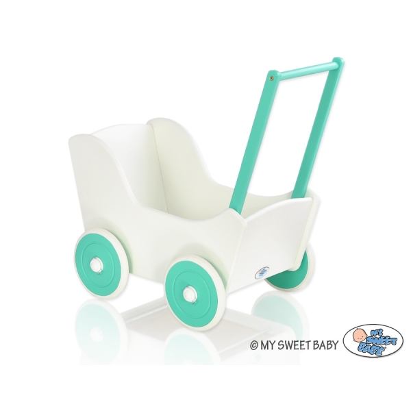Poppenwagen Hout Mint Wit