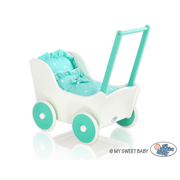Poppenwagen Hout Mint Wit