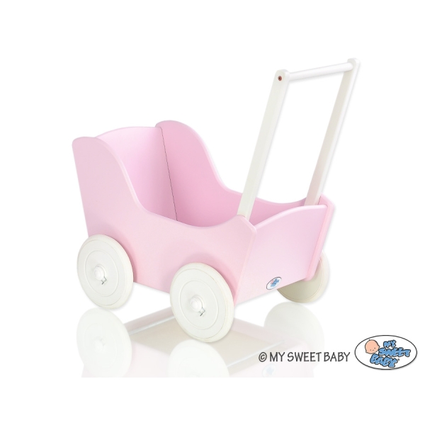 Poppenwagen Hout Roze Wit