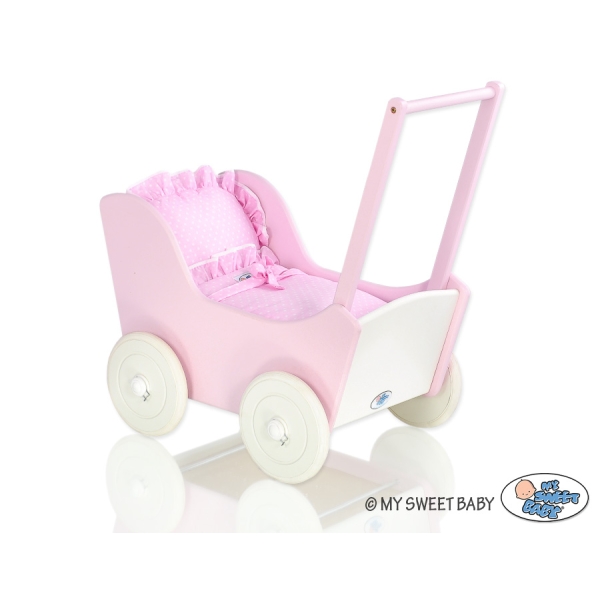 Poppenwagen Hout Roze Wit