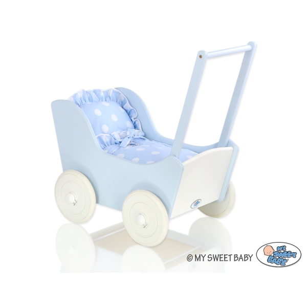 Poppenwagen Hout Wit Blauw