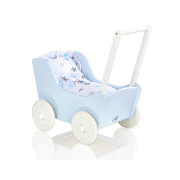 Poppenwagen Hout Wit Blauw