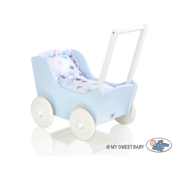 Poppenwagen Hout Wit Blauw
