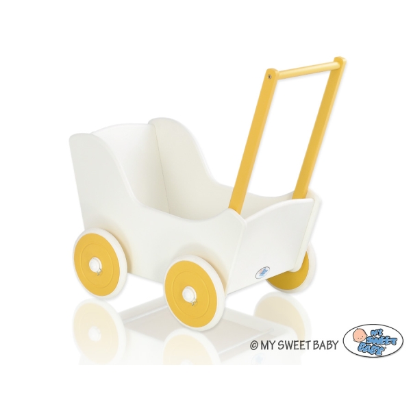 Poppenwagen Hout Wit Geel