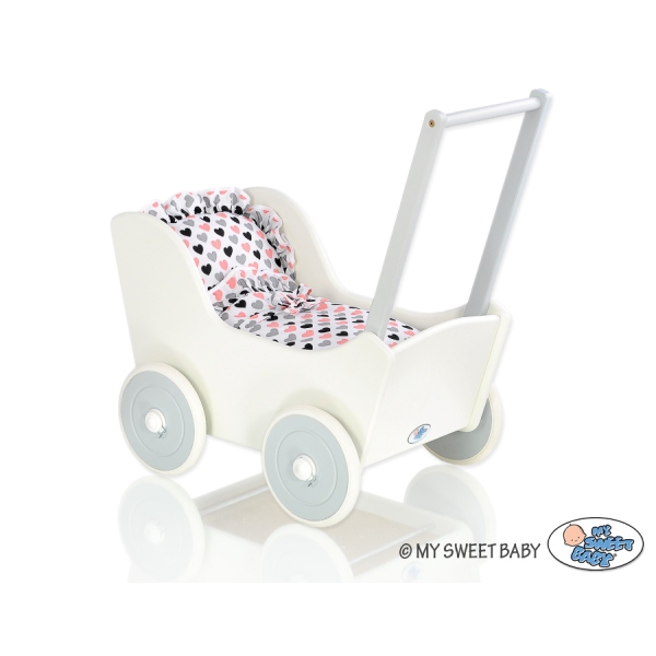 Poppenwagen Hout Wit Grijs