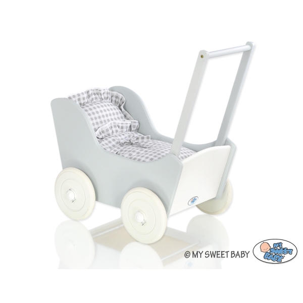 Poppenwagen Hout Wit Grijs