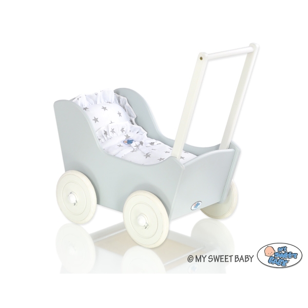 Poppenwagen Hout Wit Grijs
