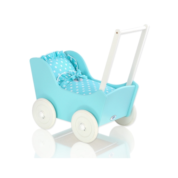 Poppenwagen Hout Wit Turkoois