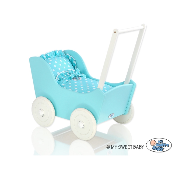 Poppenwagen Hout Wit Turkoois
