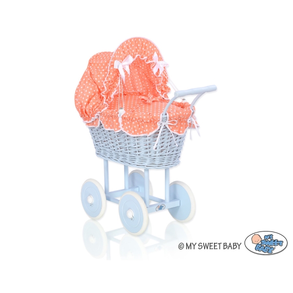 Poppenwagen riet met kap Blauw Polkaprikker Perzik
