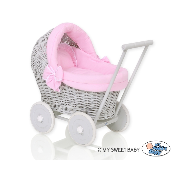 Poppenwagen riet met kap Grijs