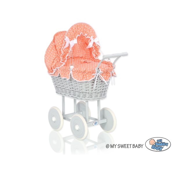 Poppenwagen riet met kap Grijs Perzik