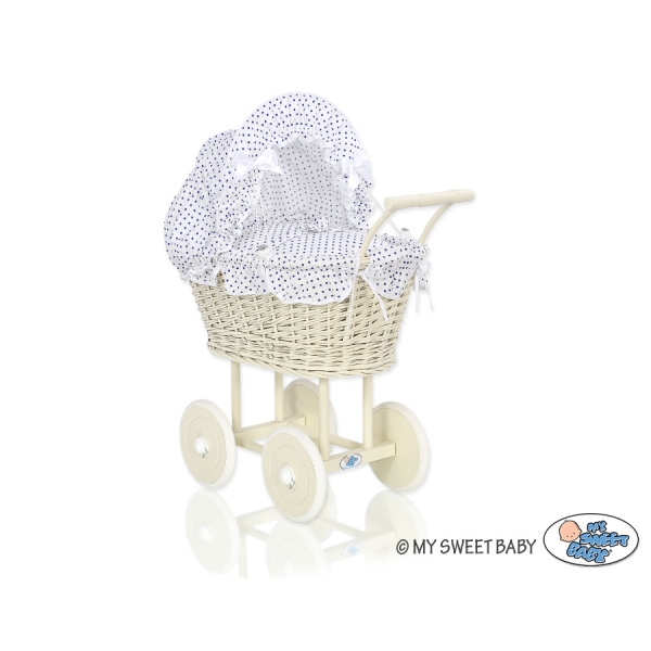 Poppenwagen riet met kap Ivoor Wit Marineblauw Polkaprikker