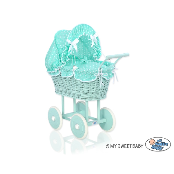 Poppenwagen riet met kap Mint