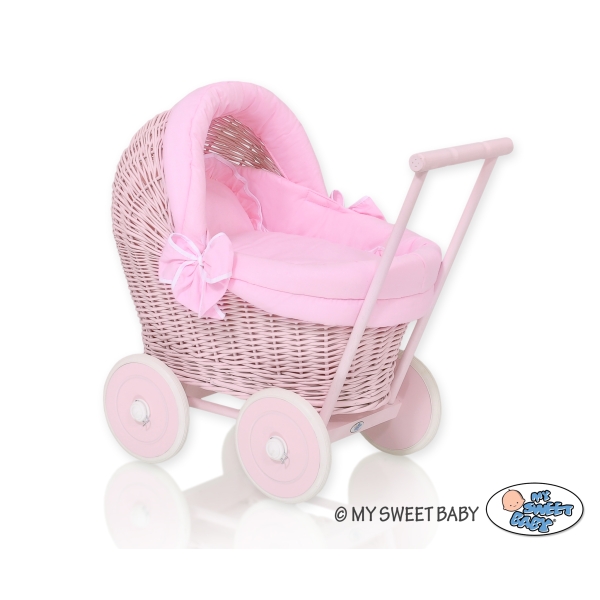 Poppenwagen riet met kap Roze