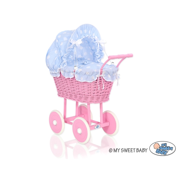 Poppenwagen riet met kap Roze
