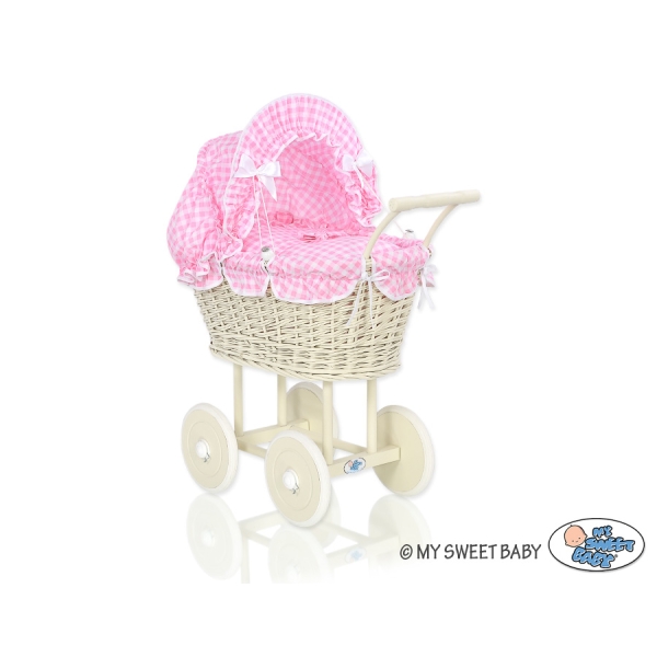 Poppenwagen riet met kap Roze