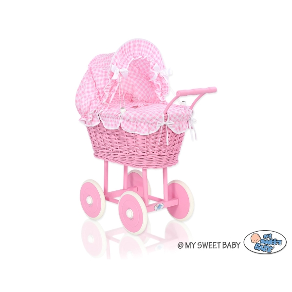 Poppenwagen riet met kap Roze Geruit