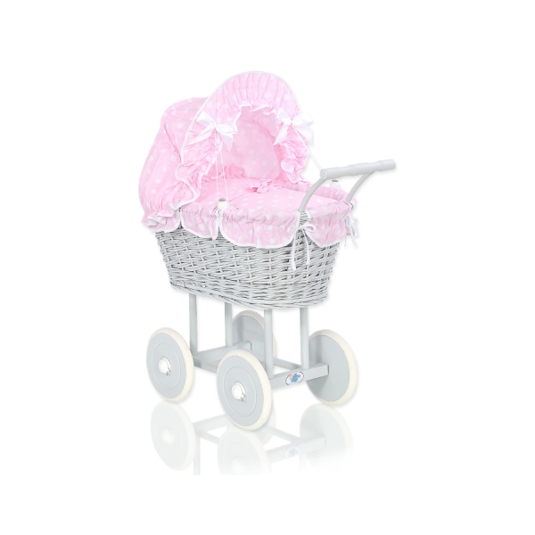 Poppenwagen riet met kap Roze Grijs Polkaprikker