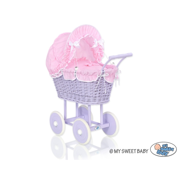 Poppenwagen riet met kap Roze Purper Geruit