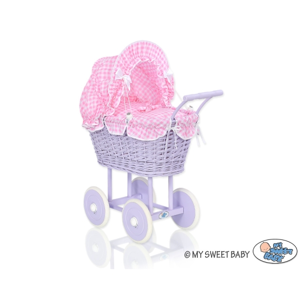 Poppenwagen riet met kap Roze Purper Geruit