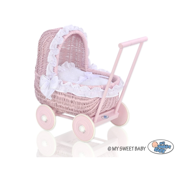 Poppenwagen riet met kap Wit