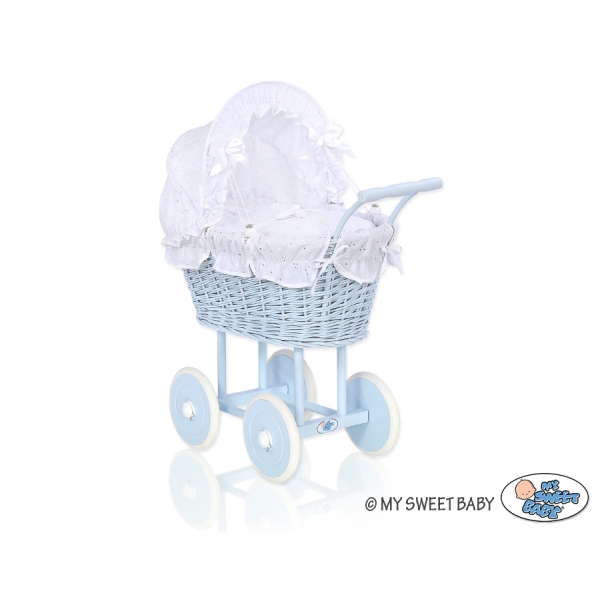 Poppenwagen riet met kap Wit Blauw