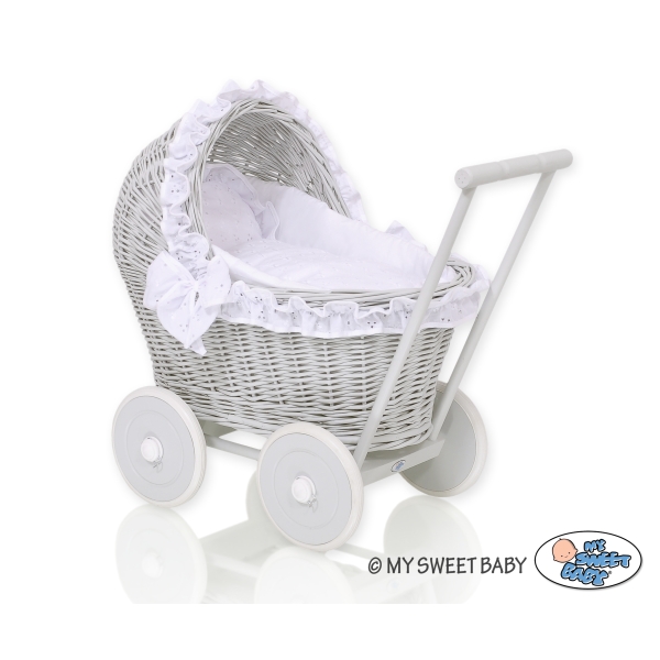 Poppenwagen riet met kap Wit Grijs