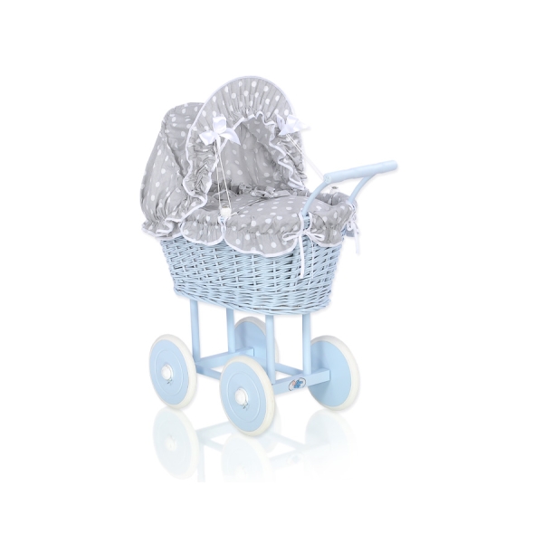 Poppenwagen riet met kap Wit Grijs Blauw Polkaprikker