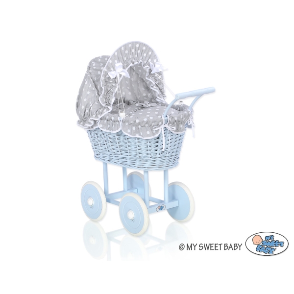 Poppenwagen riet met kap Wit Grijs Blauw Polkaprikker